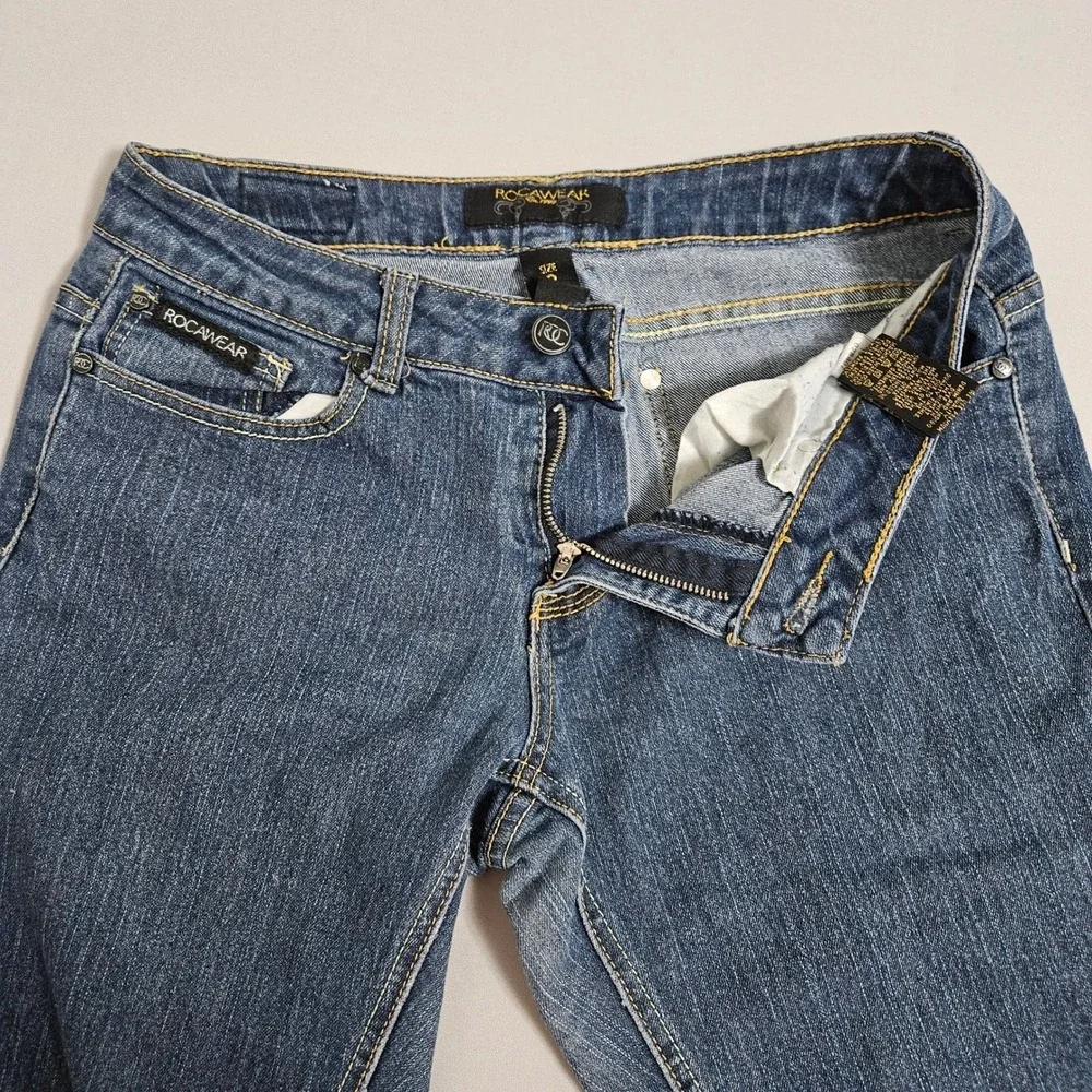 Rocawear Y2K Style Graffiti Pocket Skinny Jeans Dark Wash Stretch Womens 9 Denim - Picture 9 of 13